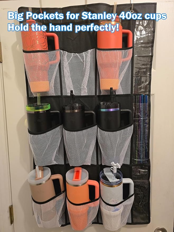 AIERSA Tumbler Organizer for Stanley 30 40 oz Cups with Handle, Cup Holder with Big Pockets for Big Water Bottles, Over the Door Tumbler Holder, Kitchen Cabinets Organizers Accessories