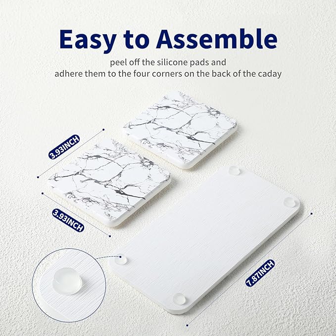 Water Absorbing Stone Tray for Sink, 3PCS Fast Drying Diatomaceous Earth Set - 1 Soap Tray & 2 Coasters for Bathroom Counter, Kitchen, Natural Stone Drying Mat (Marble White)
