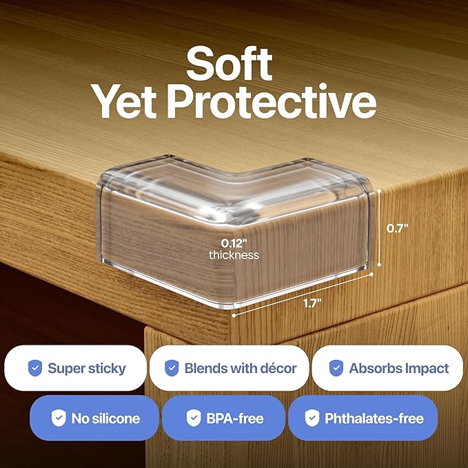 12-Pack Baby Proof Corner Protectors, Clear Furniture Safety Bumpers, Soft Rubber Foam Cushion Guards with Pre-Applied Adhesive, Child Proofing Pads for Tables, Cabinets, Desks, Glass Surfaces