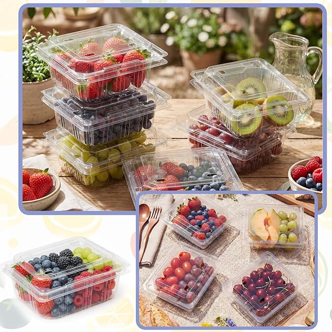Threehoney 100 Pack Clear Plastic Vented Berry Containers with Clamshell Lids, 1/2 Pint Berry Baskets for Strawberry, Disposable Food Storage for Farmers Market Fridge Picnic (5.3×4.7×2.4 Inch)
