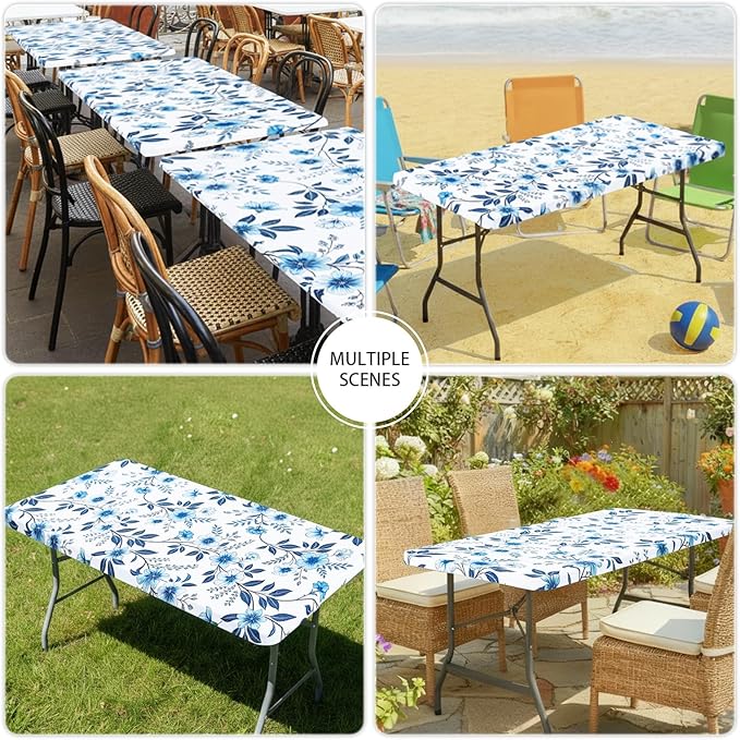 Smiry Spandex Fitted Tablecloth for 6 Foot Rectangle Tables, Washable Picnic Table Cover with Elastic, Stretch Reusable Table Cloth for Outdoor, Camping, Dining & Kitchen (Blue Flower, 30"x72")