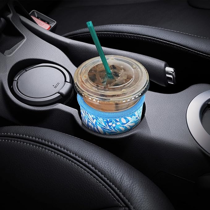 YR Reusable Neoprene Insulator Sleeve for Iced Coffee Cups, 3 Pack Coffee Coolies sleeves for Iced & Hot Drinks, Cold Beverage Cooler Compatible with Starbucks Coffee and More (Blue Leaves)