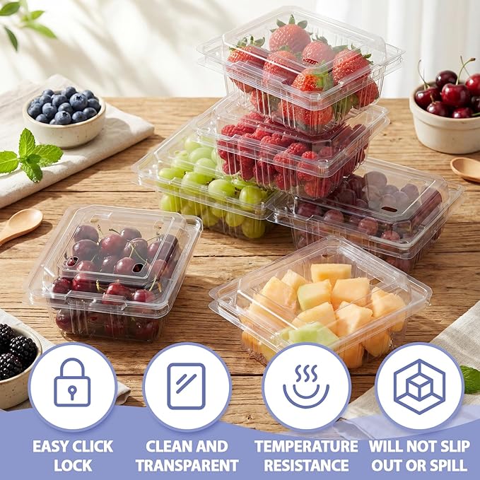 Threehoney 100 Pack Clear Plastic Vented Berry Containers with Clamshell Lids, 1/2 Pint Berry Baskets for Strawberry, Disposable Food Storage for Farmers Market Fridge Picnic (5.3×4.7×2.4 Inch)