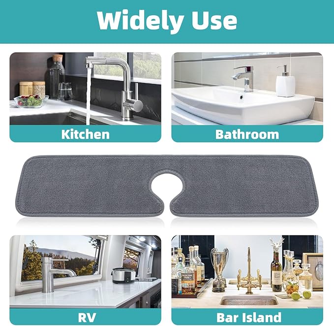 PoYang 4 Pack Faucet Mat for Kitchen Sink Splash Guard Long: Super Absorbent Microfiber Sink Water Splash Guard Behind Kitchen Faucet Mat for Bathroom, RV Protector, Machine Washable 24'' x 5.1''