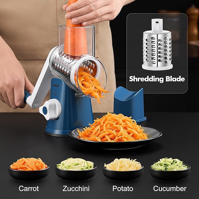 Geedel Rotary Cheese Grater, Kitchen Mandoline Vegetable Slicer with 3 Interchangeable Blades, Easy to Clean Rotary Grater Slicer for Fruit, Vegetables, Nuts