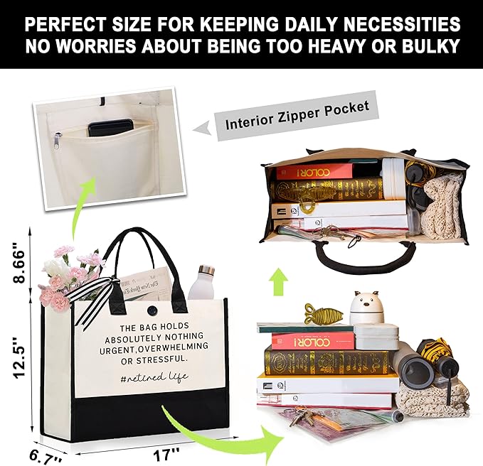 Craftique Retirement Gift for Woman, Funny Retired Cornered Tote Bag, Unique Retirement Gifts for Women Coworker Friend Bosses, Happy Retired Gift Bag for Shopping Travel Picnic, 17” x 6.7” x 12.5”