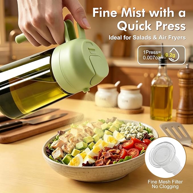 Poshetion 2 in 1 Olive Oil Sprayer for Cooking, 16oz Light-Proof Oil Dispenser for Kitchen, Leak-Proof Oil Spray Bottle for Air Fryer, Salad, BBQ, Baking, Grilling - Green