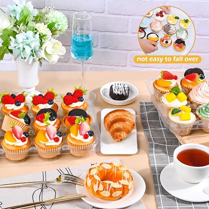 Plastic Cupcake Containers 12 Count (12 Sets), Stackable Cupcake Boxes Holders with Tall Dome Lid, Disposable Cupcake Carrier Trays Include 150 Cupcake Liners