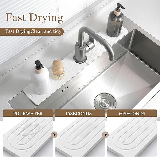 Premium Diatomite Stone Drying Mat for Kitchen Counter - Faucet Mat for Kitchen Sink, Sink Protector & Splash Guard, Quick-Dry Kitchen Sink Mat,Super Absorbent (White, 15.8"x4")