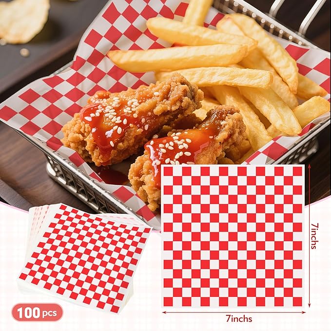 100pcs Waxed Deli Paper Sheets, 7x7" Food Basket Liners for Sandwiches, Burgers. Classic Checkered Deli Wrap Wax Paper Sheets by Neyimqr (Red)