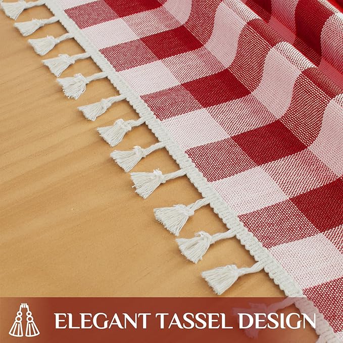 Softalker Checkered Tablecloth Rectangle, Outdoor Linen Cotton Gingham Table Cloth with Tassel, Heavy Duty Wrinkle Free Buffalo Plaid Table Cover for Kitchen Dining Summer Party - 55 x 102 Inch, Red