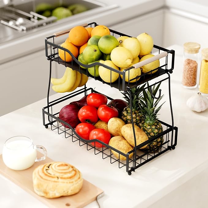 2 Tier Fruit Basket for Kitchen Countertop with 2 Banana Hangers,Detachable Metal Fruit Bowl with Wooden Handles and Protective Pads,Large Capacity Fruit and Vegetable Basket Organizer,Black