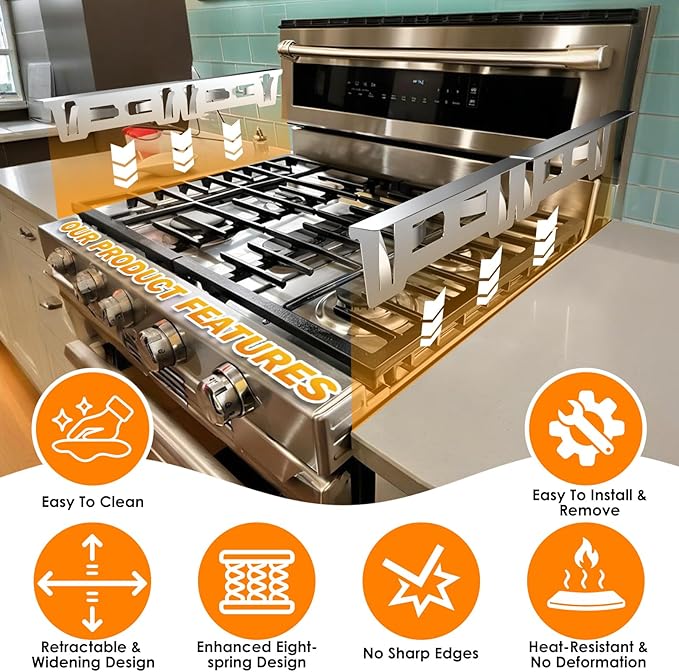 Stove Gap Covers Stainless Steel, Stove Gap Filler Between Stove and Counter, Stove Gap Guards and Range Trim Kit, Easy Retractable Length 13.8" to 27.6", Width 1", Heat-Resistant Stove Guard (2 Pack)