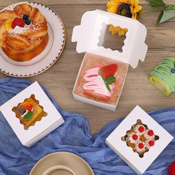 Moretoes 200pcs White Mother's Day Cookie Boxes, 4x4x2.5 Inch Small Bakery Boxes with Window for Pastries, Treats, Cupcakes, Donuts, Candy, Strawberries
