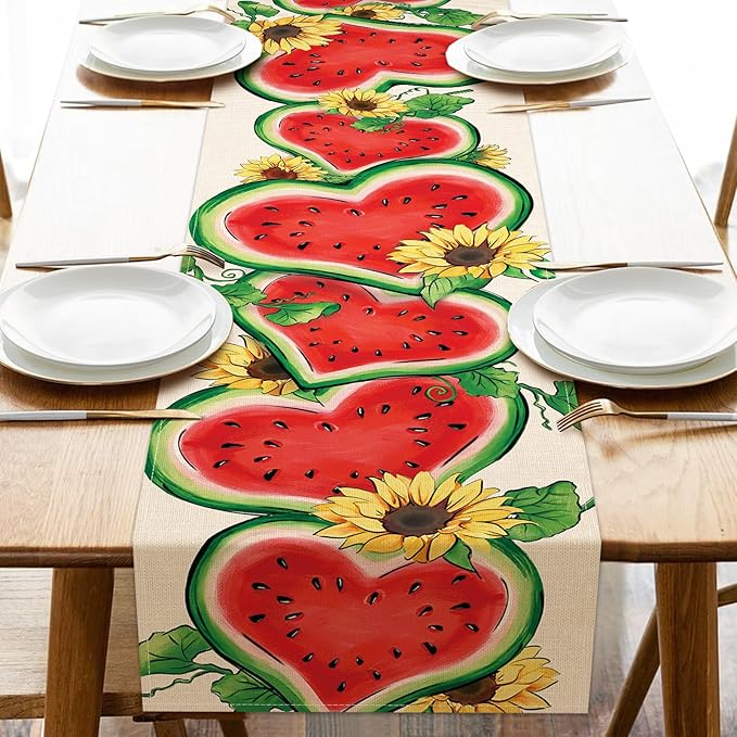 Seliem Summer Watermelon Table Runner, Love Heart Melon Fruit Sunflower Kitchen Dining Table Decor, Seasonal Burlap Home Decoration Indoor Outdoor Party Supply 13 x 36 Inch