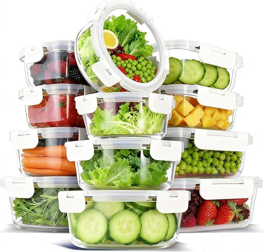 12 Pack Glass Lunch Meal Prep Containers with Lids Airtight Leakproof, Stackable for Microwave, Oven, Freezer and Dishwasher Safe (White)