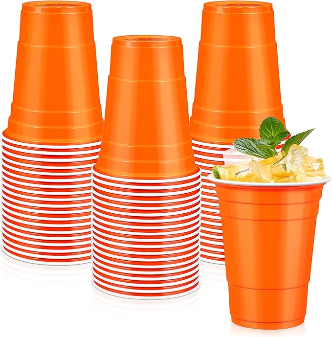 LANLISA 100 Orange Plastic Cups, 16 oz Disposable Cups, Drinking Cups For Halloween, Thanksgiving, Harvest, Fall Party Supplies