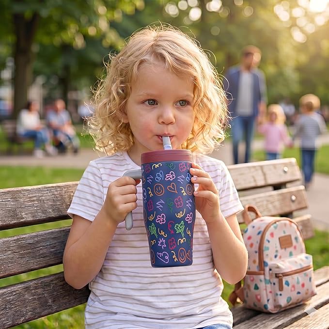 Fijinhom 25 oz Insulated Tumbler with Handle, Stainless Steel Insulated Water Bottle Coffee Mug with Straw, Coffee Cups, Cute Water Bottle for Sports, Travel, Lunch, Doodle Joy