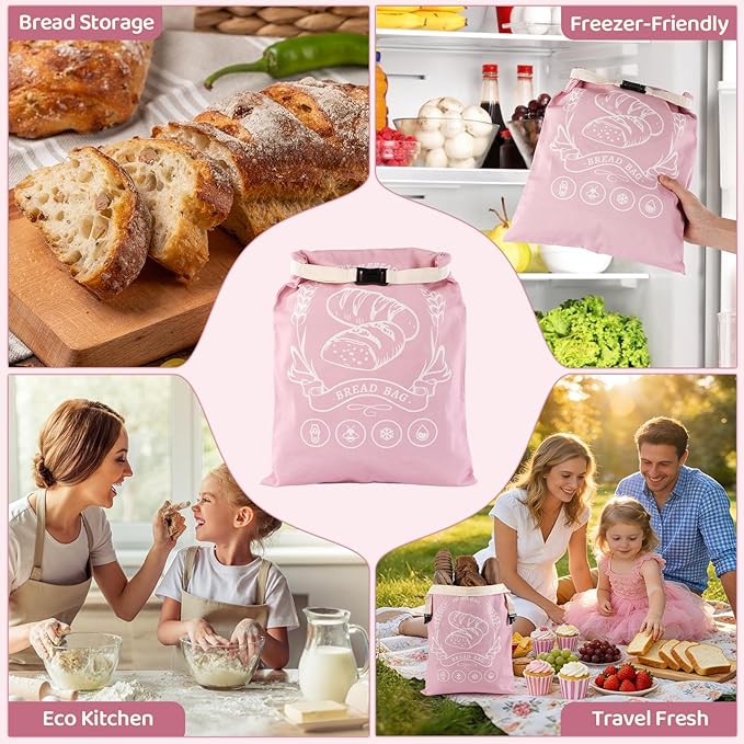 2 Pack Beeswax Bread Bags with Zipper, XL(13x17in) Sourdough Bread Storage for Homemade, Freezer Storage Bag to Keep Fresh, Cotton Beeswax Container, Baguette Bag with Liner, Kitchen Baking (Pink)