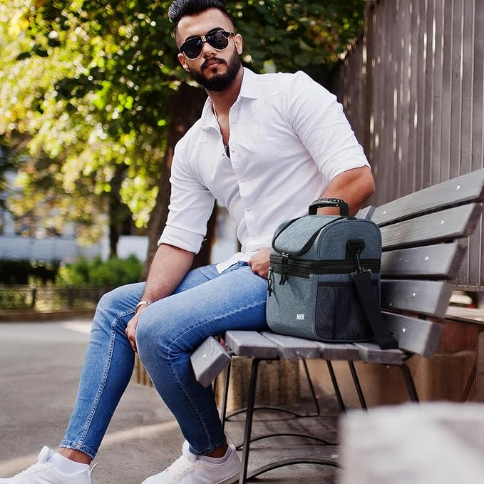 MIER Insulated Lunch Box Dual Compartment Lunch Bag Leakproof Cooler for Men Women Adult Work, Bluesteel, Medium (Upgraded Extra-Tall Bottom Layer)