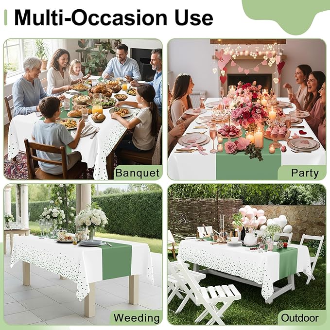 Smiry Plastic Table Cloth Disposable 5 Pack, 54 x 108 Inch Rectangle Waterproof Tablecloth, Printed Gold Table Runner Style for Birthday Weeding, Party, Leakproof & Sturdy, White and Sage Green