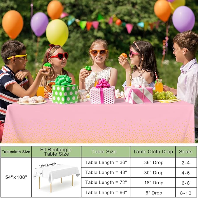 misaya 4 Packs Dot Disposable Table Cloth, 54 x 108 Inch Waterproof Plastic Tablecloth, Rectangle Gold Dots in Pink Table Covers for Mother's Day, Picnic, Birthday, Party