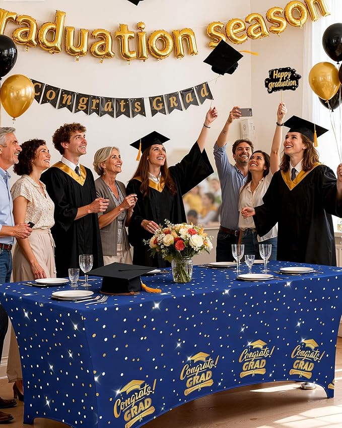 Pureegg Graduation Decorations 2026 Spandex Tablecloth 6ft - 2 Pack, Class of 2026 Blue Fitted Stretch Rectangle Table Cover, Wrinkle-Free Tight Tablecloth for Graduation Party, Banquet