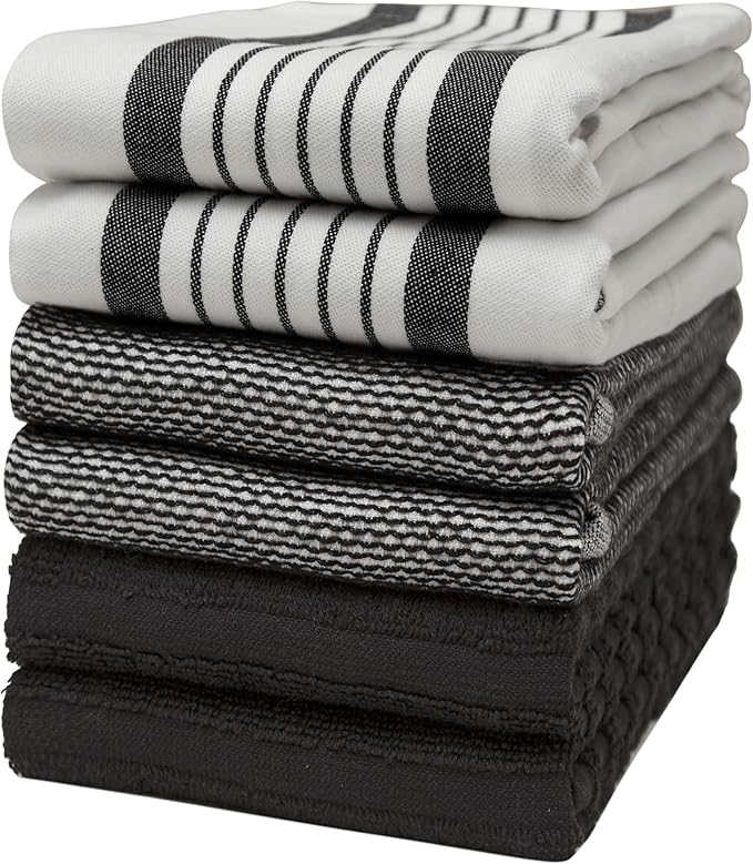 Premium Kitchen Towels (20”x 28”, 6 Pack) | Large Cotton Dish Towels | Flat & Terry Highly Absorbent Kitchen Linen Set with Hanging Loop | Black Striped