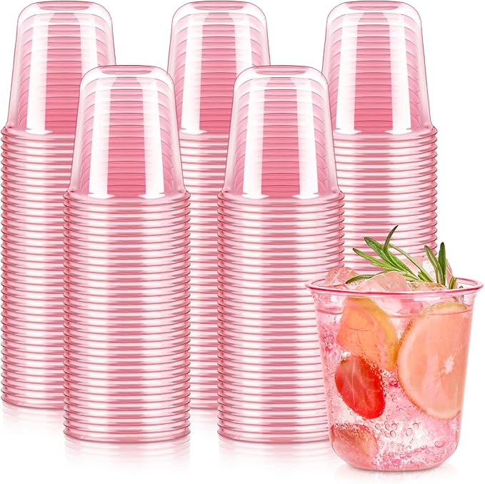 100 Pcs Pink Plastic Cups, 12oz Disposable Stemless Wine Glasses Pink Cocktail Party Cups for Graduation, Meeting, Wedding, Birthday Party