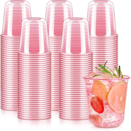 100 Pcs Pink Plastic Cups, 12oz Disposable Stemless Wine Glasses Pink Cocktail Party Cups for Graduation, Meeting, Wedding, Birthday Party