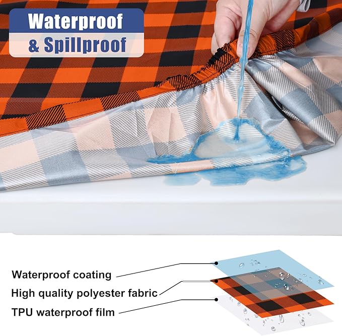 Smiry Picnic Table Cloth 2 Pack, Waterproof Elastic Fitted Tablecloths for 8FT Rectangle Tables, Washable Polyester Buffalo Plaid Tablecloth for Camping, Dining & Outdoor (Black & Orange, 30" x 96")