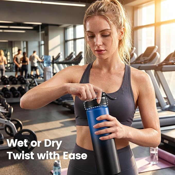 Fijinhom 24 oz Insulated Water Bottle, 2-in-1 Straw and Spout Lid Stainless Steel Thermos, Leak-Proof, Double Wall Vacuum Flask, Keep Cold 24H for Outdoor, Sports, Travel, School (Blue&Blck)