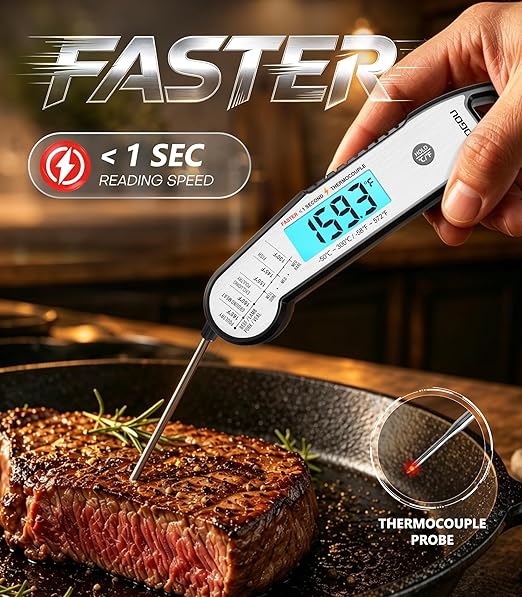 Atogou Professional Meat Thermometer Digital for Cooking Food, <1 Sec Instant Read & ±0.5℉ Accuracy, IP67 Waterproof, Thermocouple Sensor Probe, for Kithchen, BBQ, Grill, Silver