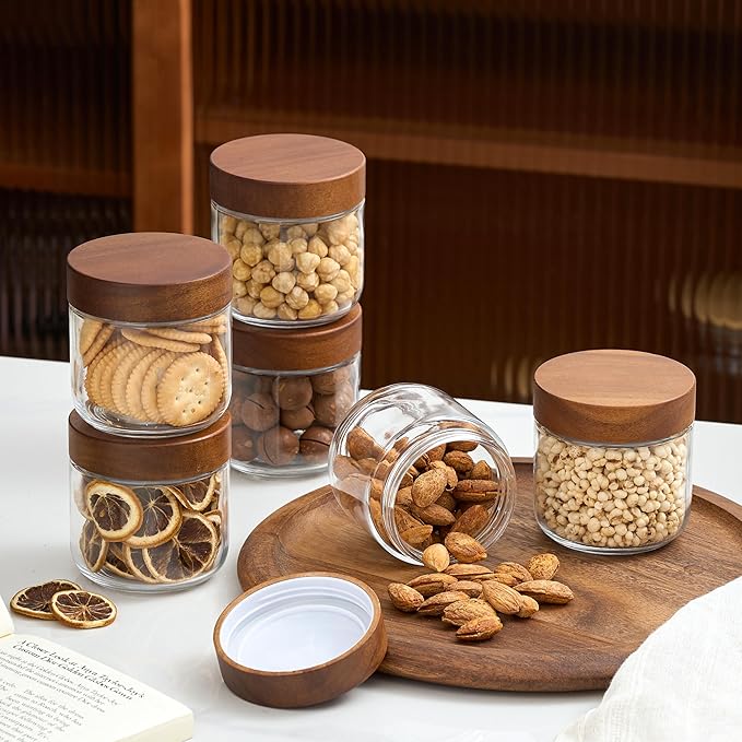 Danmu 12 oz Overnight Oats Containers with Lids,Salad Jar,Glass Jar with Wooden Lid 6 Pack,Mason Jars 12 oz with Lids for Snack,Overnight Oats,Meal Prep,Yogurt,Parfait,Soup,Salad 100% Leak-proof