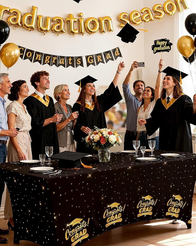 Pureegg Graduation Decorations 2026 Spandex Tablecloth 6ft - 2 Pack, Class of 2026 Black Fitted Stretch Rectangle Table Cover, Wrinkle-Free Tight Tablecloth for Graduation Party, Banquet