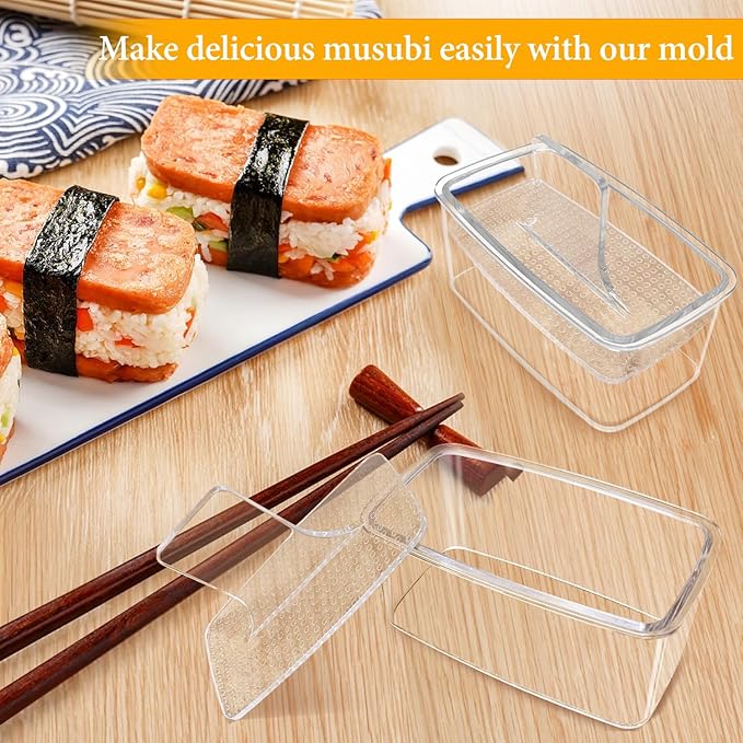2PCS Clear Musubi Press Mold, Non-Stick Musubi Maker, BPA-Free Onigiri Mold Sushi Press for Hawaiian Musubi Home DIY (with 2 Rice Ladles)