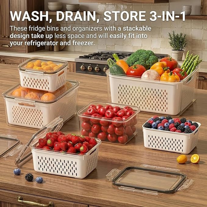 Fruit storage containers for fridge，with detachable drainer basket and airtight seal, stackable produce organizer, prolongs freshness of berries, greens, meats