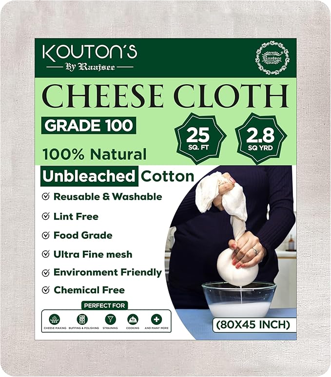 Raajsee Cheese Cloths Grade 100, 24 Sq Feet - 2.8 Sq Yards Unbleached 100% Organic Cotton Fabric - Reusable Ultra Fine Mesh Muslin Cloth - Cheesecloth For Straining Cooking,Baking,Cheese Making