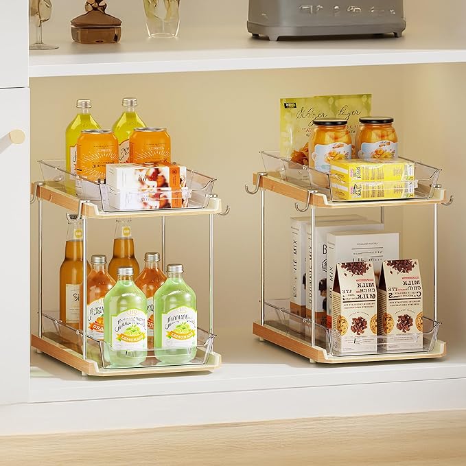 DELAMU Under the Sink Organizer, 2-Tier Pull-Out Cabinet Drawers with Adjustable Shelf & Hooks, Under Sink Cabinet Organizer for Bathroom, Kitchen, Vanity & Every Household(Wood Grain, 4 Pack)
