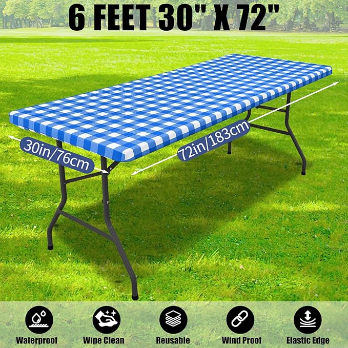 Smiry Picnic Table Cloth 2 Pack, Waterproof Elastic Fitted Tablecloths for 6FT Rectangle Tables, Washable Polyester Buffalo Plaid Tablecloth for Camping, Dining & Outdoor (Blue & White, 30" x 72")
