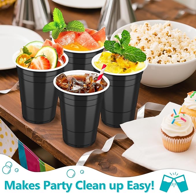 LANLISA 50 Black Plastic Cups, 16 oz Disposable Cups, Drinking Cups For Birthday Party, Graduation, Halloween