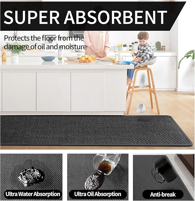 Kitchen mats for Floor Water and Oil Absorbent Runner Rugs for Kitchen, Kitchen Mat in Front of Sink,Non-Slip Kitchen Rugs,Durable Imitation Linen Kitchen Rug Black 17x30+17x47