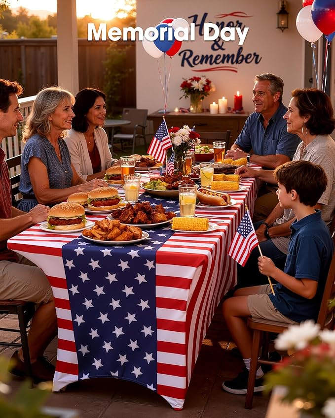 Pureegg 4th of July USA 250th Anniversary Spandex Tablecloth 6ft - 2 Pack, Patriotic American Flag Fitted Stretch Table Cover for 6 ft Rectangle Table, Tablecloth for Independence Day Party