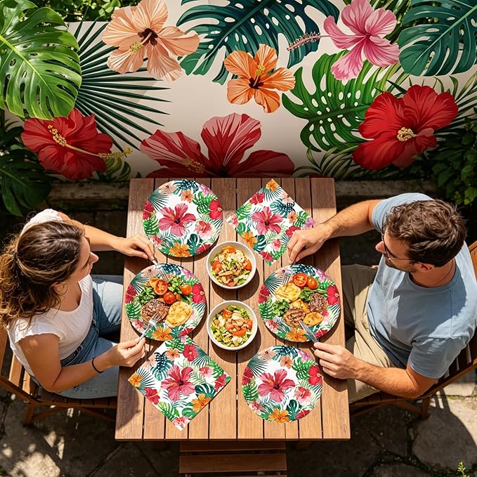 50PCS Hawaiian Luau Paper Plates and Napkins Party Decorations, 7inch Disposable Tropical Dessert Plates Summer Napkins Palm Leaves Hibiscus Tableware Set Aloha Party Supplies for Hawaii Summer