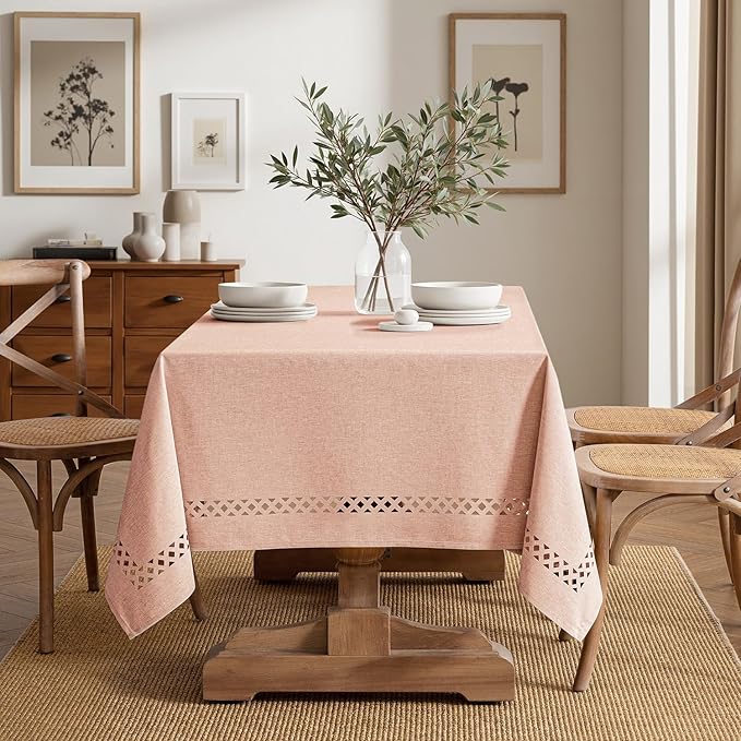 MIULEE Pink Rectangle Linen Polyester Tablecloth with Decorative Cutouts Spring Waterproof Stain Resistant & Shrink-Proof Table Cloth 60x84 inch Farmhouse Style for Dining Wedding and Outdoor