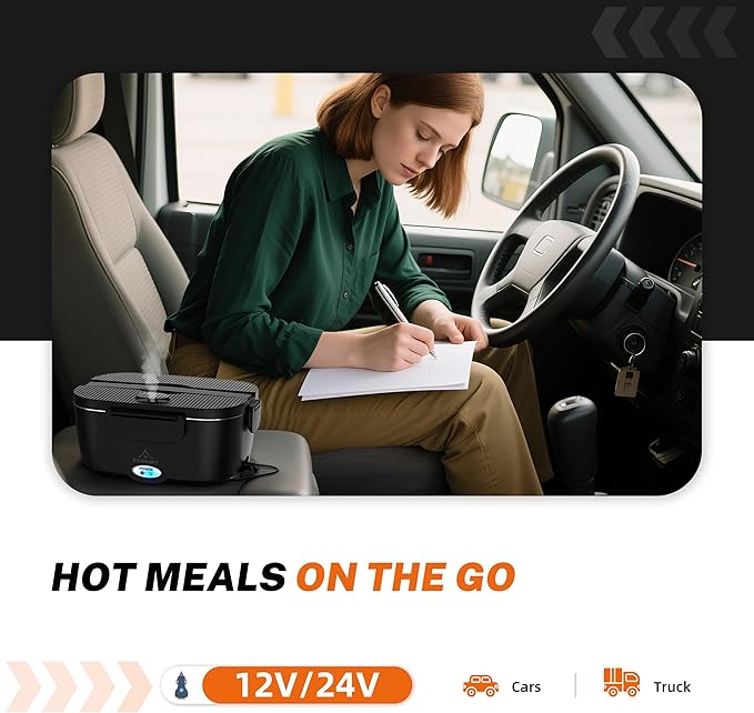 Heated Lunch Box,120W Electric Lunch Box for Adults with 1.5L 304 Stainless Steel Container, 12V/24V/110V Lonchera Eléctrica Portátil for Travel,Work,Car,Truck (Pure Black, 1.5L x 4)
