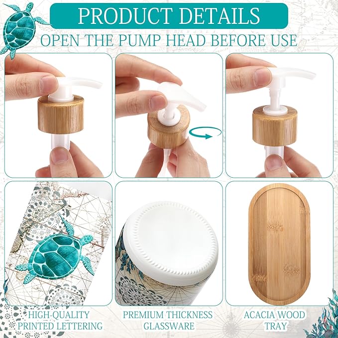 Potchen 2 Pack Glass Soap Dispenser Set Bathroom Decor Housewarming Gift Glass Soap Dispenser with Pump Wood Tray Home Decoration for Kitchen Bathroom(Sea Turtle)