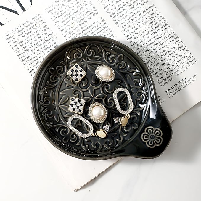 Farmhouse Ceramic Spoon Rests Holder for Kitchen Counter Stove Top (Black-A4)