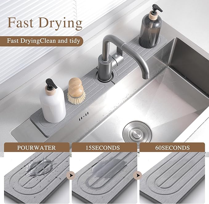 Faucet Mat for Kitchen Sink -Diatomite Stone Drying Mat for Kitchen Counter & Bathroom Sink,Quick-Dry Kitchen Sink Mat-Sink Protector & Splash Guard,Super Absorbent (Gray, 23.6"x4")
