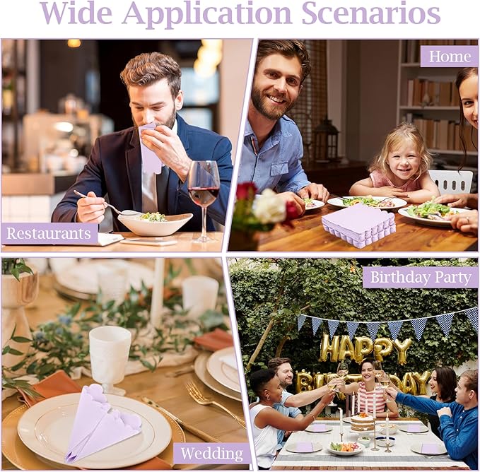 100 Pcs Cocktail Napkins, 2-Ply 5 x 5 Inches Disposable Scalloped Napkins, Thick Premium Dessert Napkins for Party, Wedding, Dinner, Birthday, Anniversary, Festival (Light Purple)